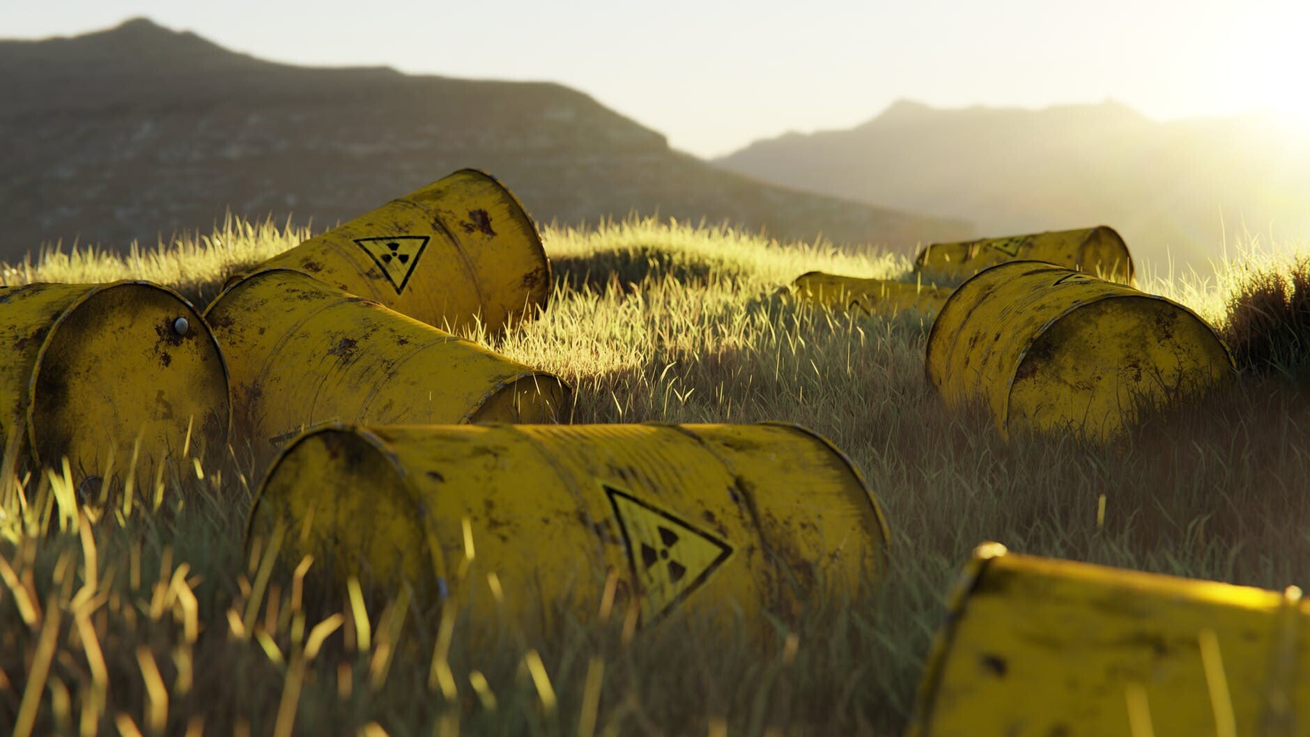 nuclear waste barrels on a grassy field