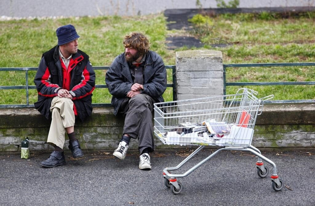 homeless man, basket, street