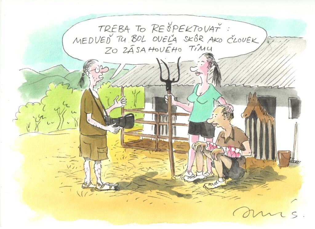 kreslený vtip o medveďovi - farmárka s vidlami