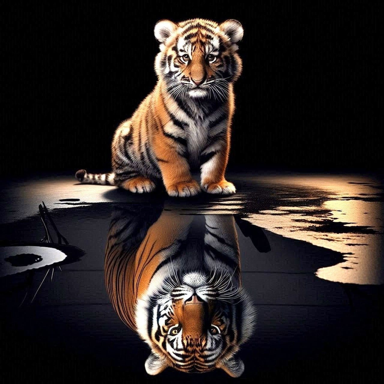 tiger, puppy, mirror image