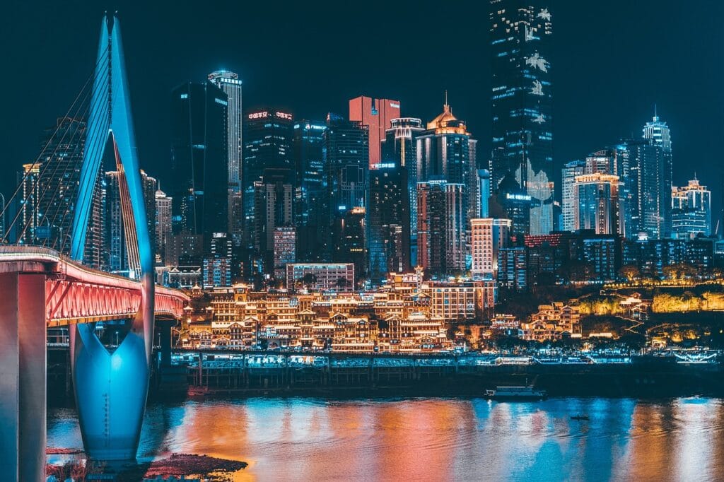city, bridge, night, river, lights, city lights, skyscrapers, buildings, skyline, downtown, urban, evening, night view, hongya cave, chongqing, china, chongqing, china, china, china, china, china