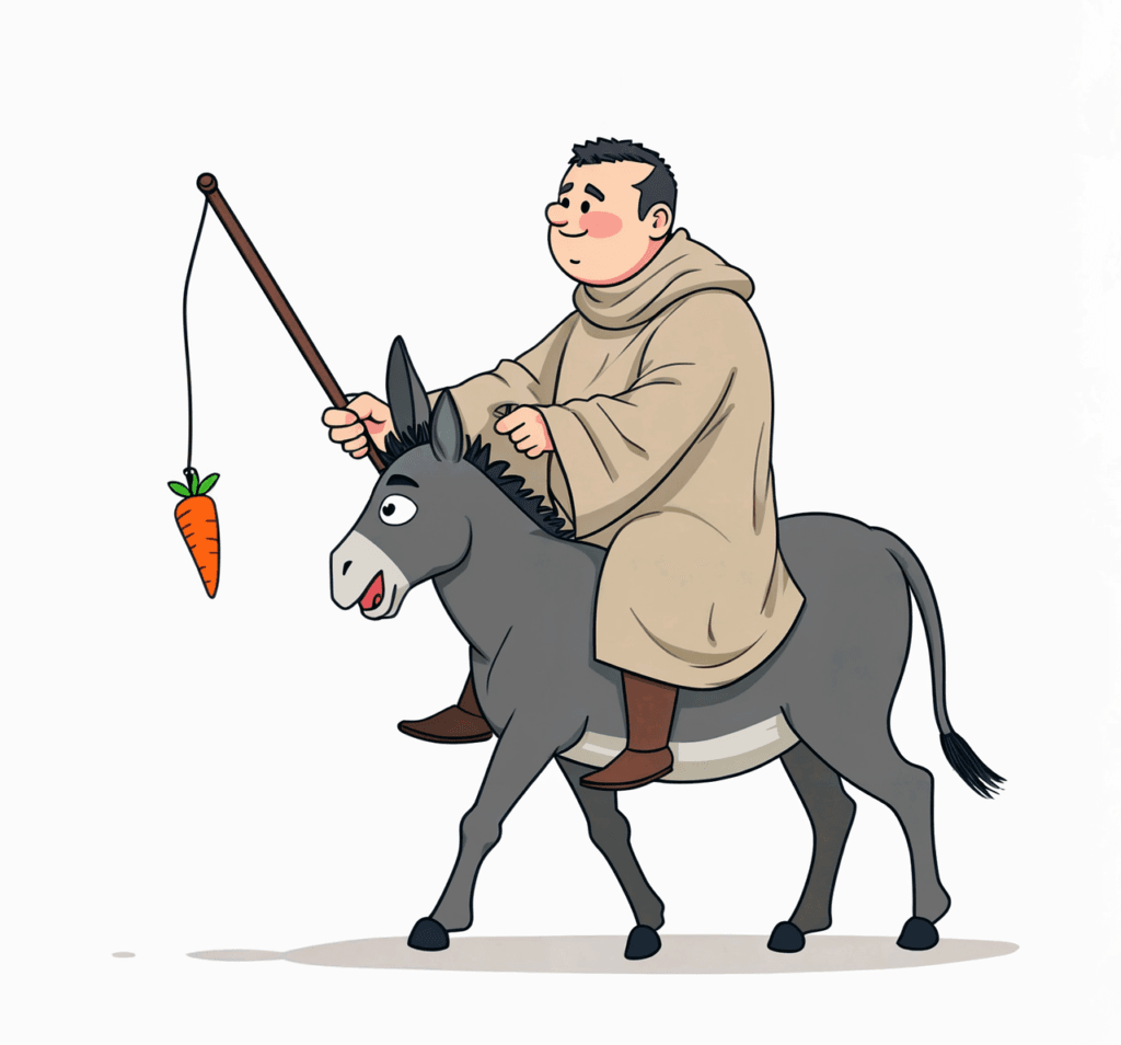 ai generated, donkey, carrot, monk, stick, humor, funny, character, animal, vegetable, cunning