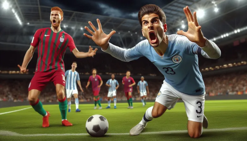 Soccer match, one of the teams is loosing according to the scoreboard, and on of their players mimics, extremely over-reacting, to be seriously fouled by nearby standing player