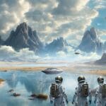 space, galaxy, stars, night sky, sky, planet, fantasy, astronaut, ship, water, nature, mountains, flight