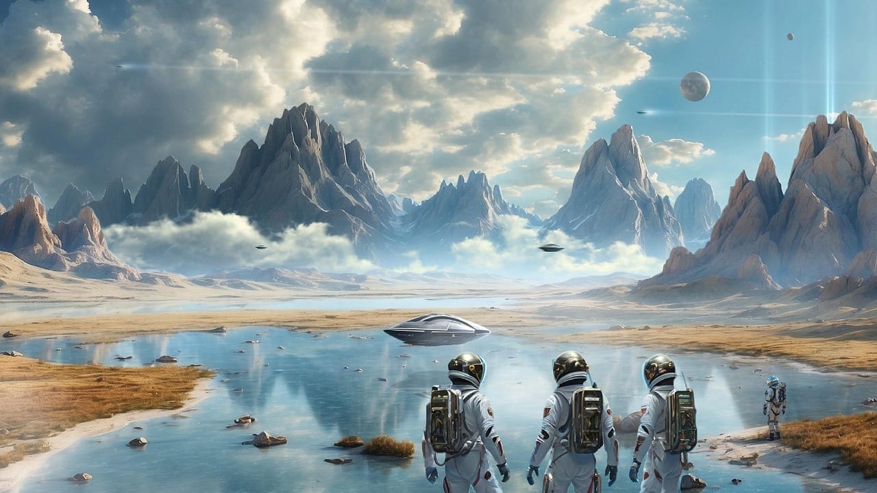 space, galaxy, stars, night sky, sky, planet, fantasy, astronaut, ship, water, nature, mountains, flight