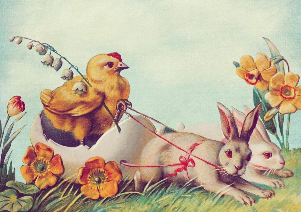 easter card, easter, vintage, easter bunny, easter chick, easter egg, coach, flower, cute, fun, funny, nature, old, retro, nostalgia, easter greeting, easter greeting card, easter festival, decorative, traditional, paper, scrapbooking