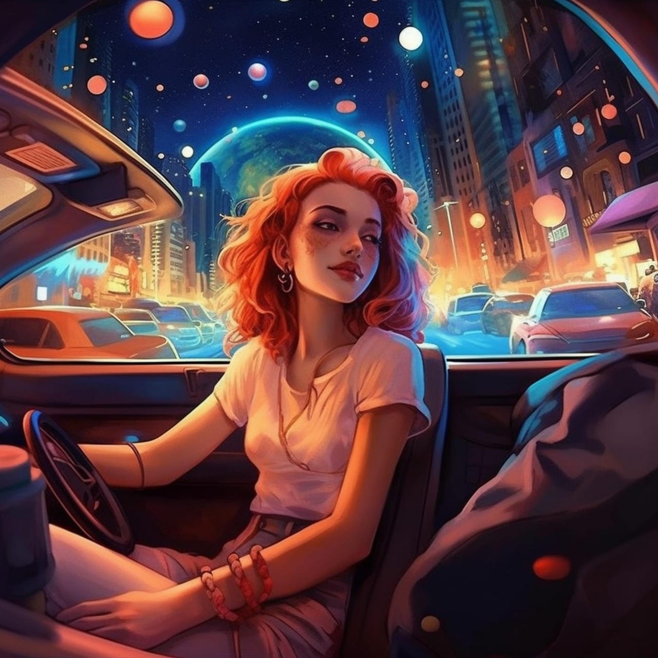 ai generated, woman, car, driver, road, trip, cartoon