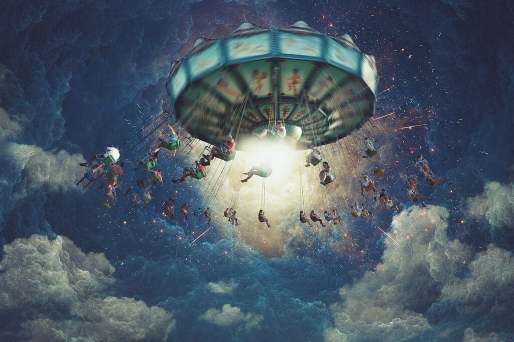 carousel, chain carousel, fair, folk festival, hype, rotate, speed, flying, nature, clouds, heaven, lifted, fun