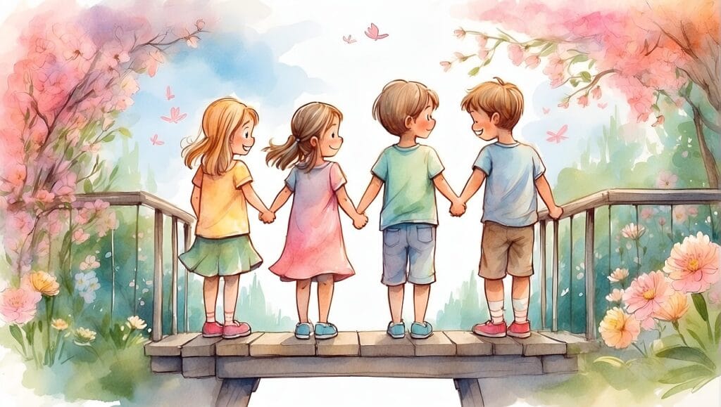 ai generated, children, nature, friends, spring, outdoors, flowers, fun, warmth, happy, watercolor, drawing, children's day, world children's day, together, peace, harmony, blossoms, kids