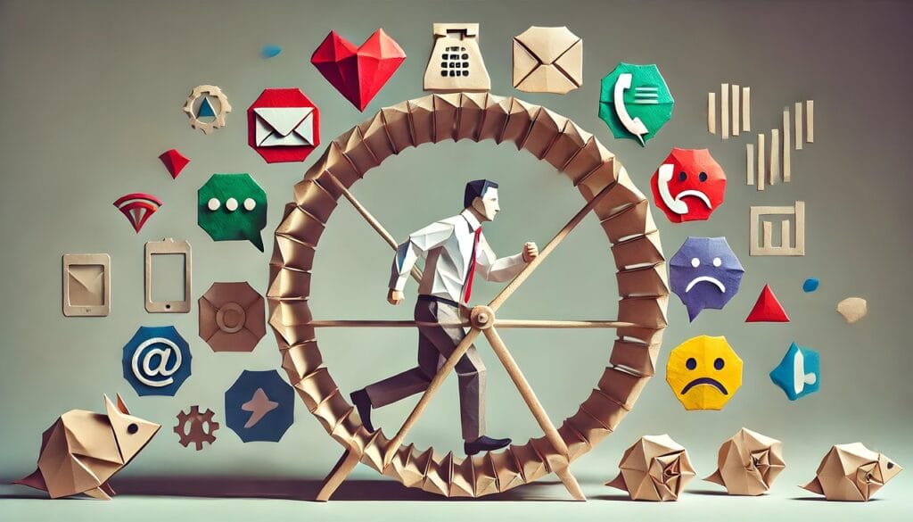 ai generated, businessman, hamster wheel, running, stress, digital notifications, emotions, icons, time management, work pressure, multitasking, overload, productivity, emails, communication, tiktok, social media, clock, schedule, heart rate, technology, office life, burnout, stress management, busy lifestyle, deadlines, frustration