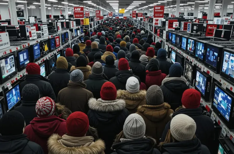 A crowd of people struggling with each other among racks with electronics during black Friday sale hours