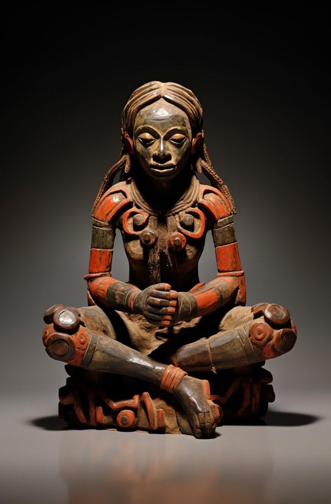 aztec, statue, sculpture, la cruz, sanctuary of the cross, woman, fertility, sitting, ai generated