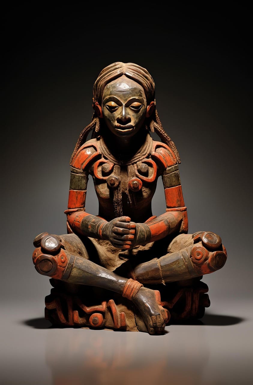 aztec, statue, sculpture, la cruz, sanctuary of the cross, woman, fertility, sitting, ai generated