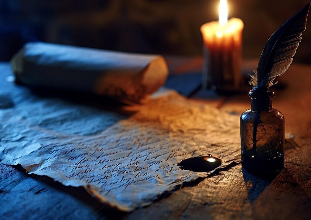 quill, feather, pen, writing, ink, write, antique, vintage, inkwell, calligraphy, old, candle, poetry, history, scroll, paper, plume, papyrus, parchment, texture, letter, yellowed, victorian, ai generated