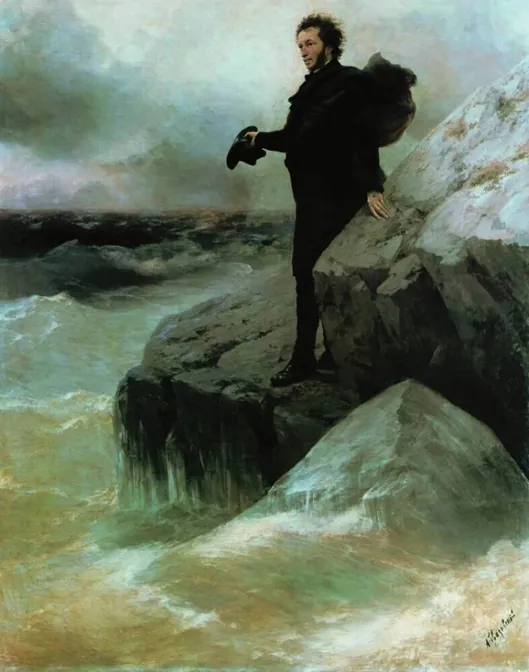 Ivan Ajvazovskij a Ilja Repin (1877) –„ Puškinovo loučení s mořem“- olej na plátně