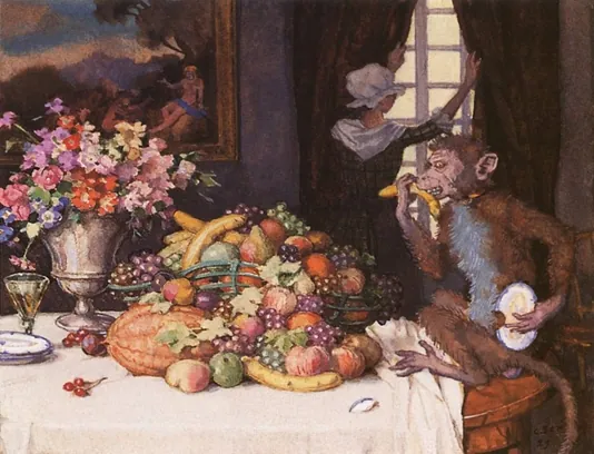 Konstantin Somov - „Chamtivá opička“ (papír, akvarel, kvaš, 1929)