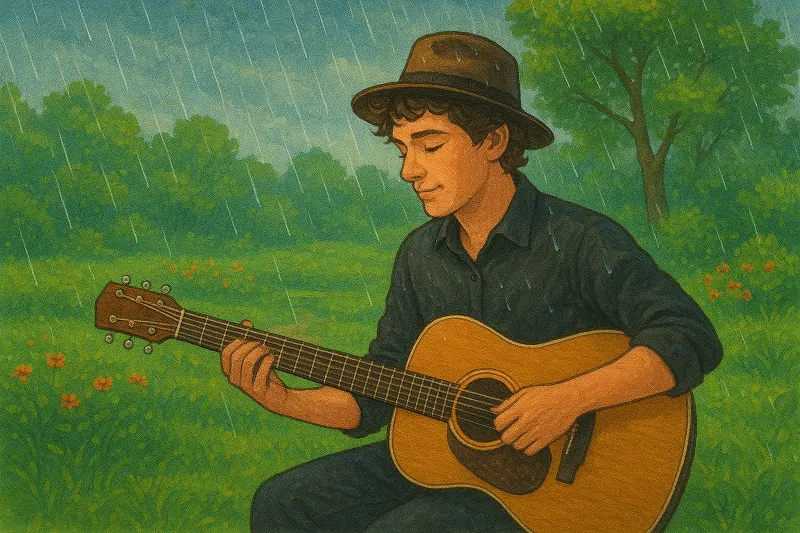 Gitarista v daždi v letnej prírode