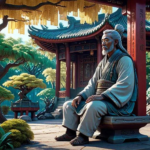 Wise man sitting in Chinese pavilion under trees