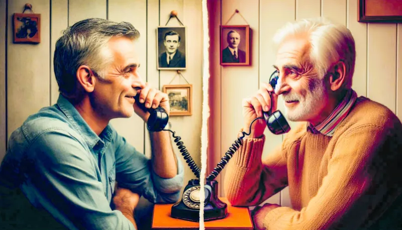 Dvaja starší muži sa rozprávajú cez retro telefón