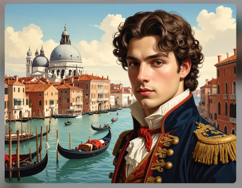 Štylizovaný obrázok Benátok s typickými atribútmi a v popredí s chlapom v uniforme z 15. storočia