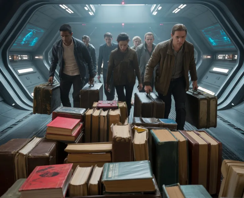 A small group of people is going to onboard to a spaceship, all carrying heavy luggage consisting mostly of books, many of the books are in red cover