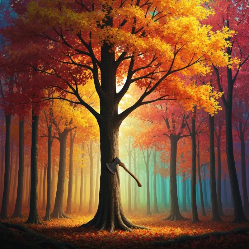 Hustý les, v ňom stojí javor a do javora je zaseknutá pastierska sekerka. Je jeseň a lístie na stromoch hrá všetkými farbami.