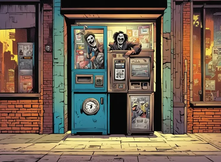 A laughing jack-straw standing near the open safe in banking environment