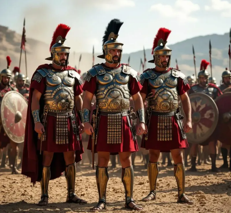 Roman troops of ancient Rome standing in front of Hannibal troops at the battlefield