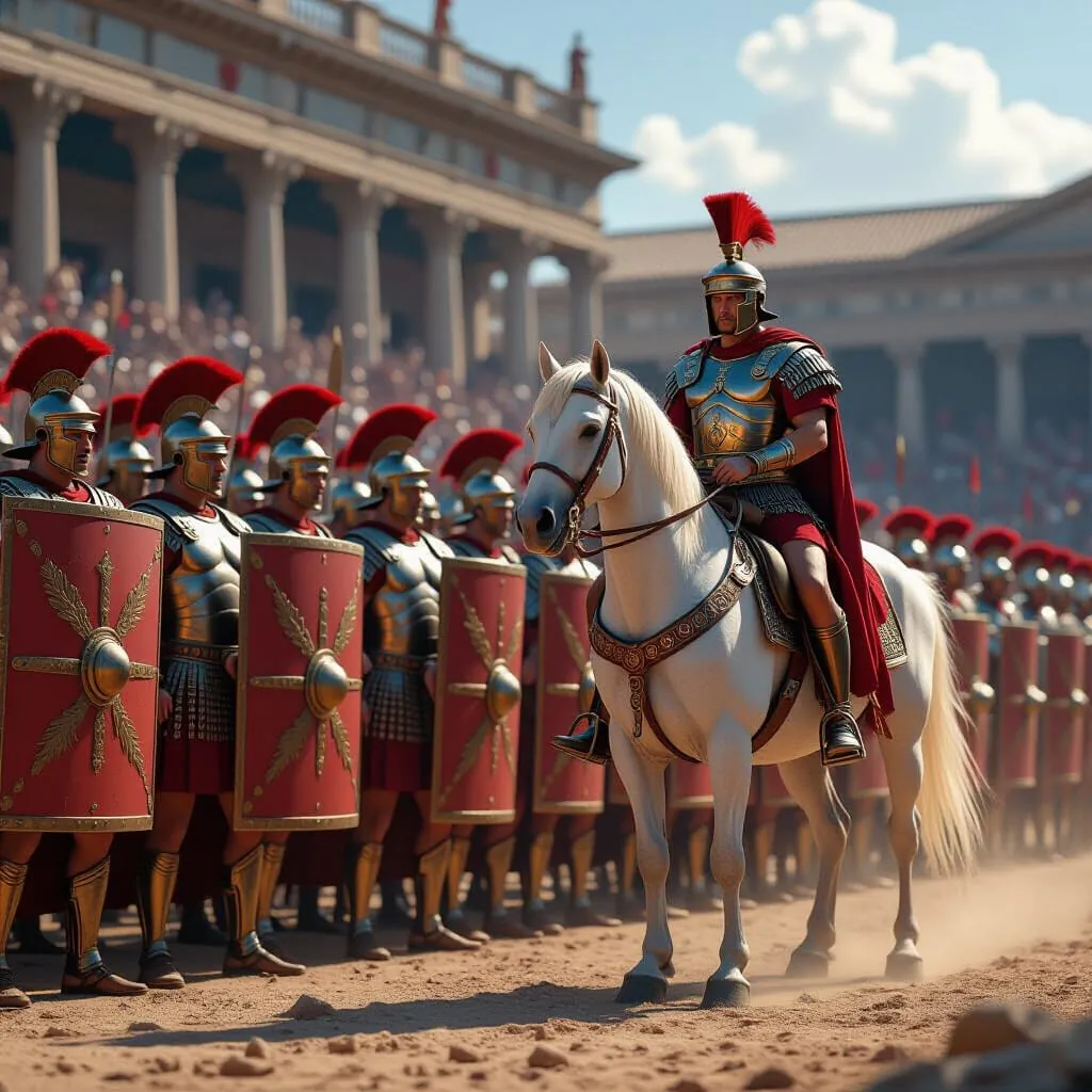 Roman cohort ready for a battle. In front of the men, there is a brilliant commander riding a white horse.