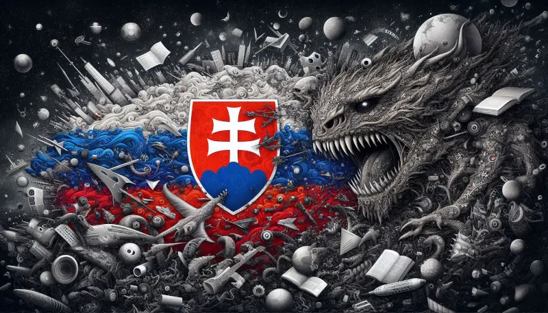 An abstract illustration of total chaos worldwide, and Slovak flag (with coat of arms) somewhere in the middle