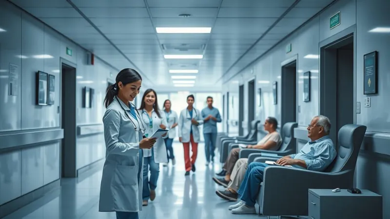 High-tech nemocnica, chodba a recepcia, po chodbe kráčajú lekári a sestry rôznymi smermi, recepčná sa usmieva a podáva jednému z pacientov recept, iní pacienti sedia v pohodlných sedačkách a čakajú na svojho lekára. Mier, pokoj a pohoda.