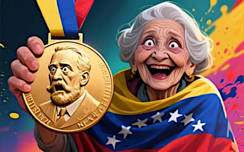 Medaila za cenu Alfreda Nobela, drží ju v ruke energická žena zabalená do venezuelskej vlajky. Alfred Nobel zobrazený na medaile má v tvári zdesený výraz a pózu ako keby chcel z medaily zoskočiť.