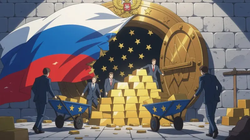 Trezor so zlatom, na trezore vlajočka Ruskej federácie, trezor je násilne vylomený hrubými nástrojmi a niekoľko úradníkov v bezchybných odevoch prenáša zlaté tehly z trezoru do dvoch fúrikov, z ktorých jeden je vo farbách Ukrajiny a druhý je modrý so žltými hviezdami