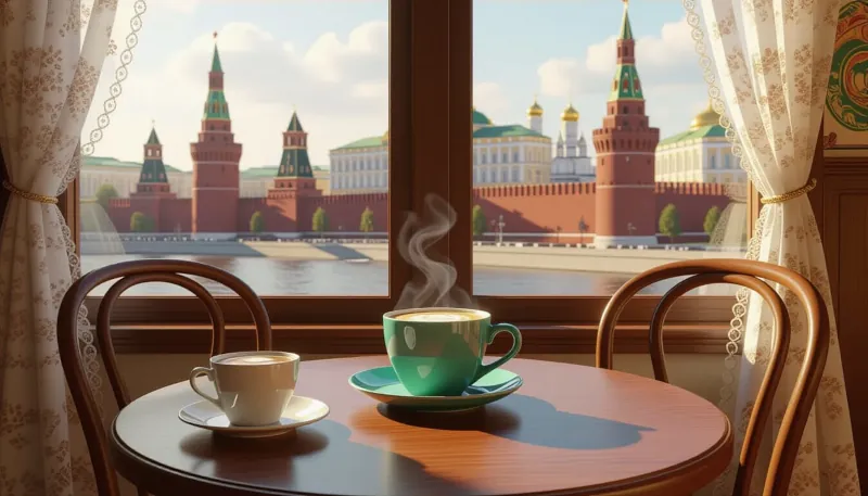 Útulná kaviarnička vybavená dreveným nábytkom v retro štýle s tonetkami, na stole je bezchybne pripravená šálka kávy v porceláne a za oknom s jemnými záclonami je vidieť časť červeného múru Kremľa.