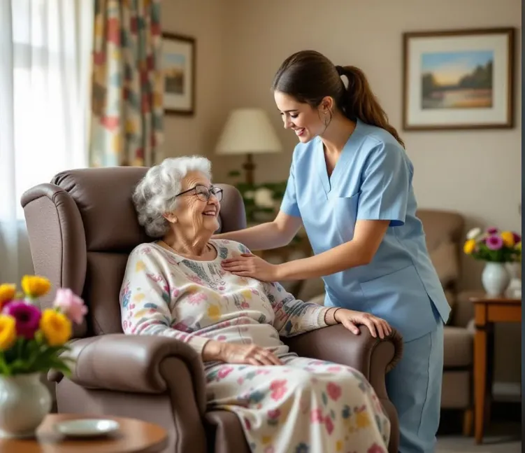 útulná izba v domove pre starých ľudí, polohovacia posteľ a skromný nábytok s vkusnými obrázkami na stenách a s kvetmi na stole. Mladý opatrovateľ pomáha starenke vstať z kresla a podopiera ju pod ramenom. Obaja sa usmievajú.