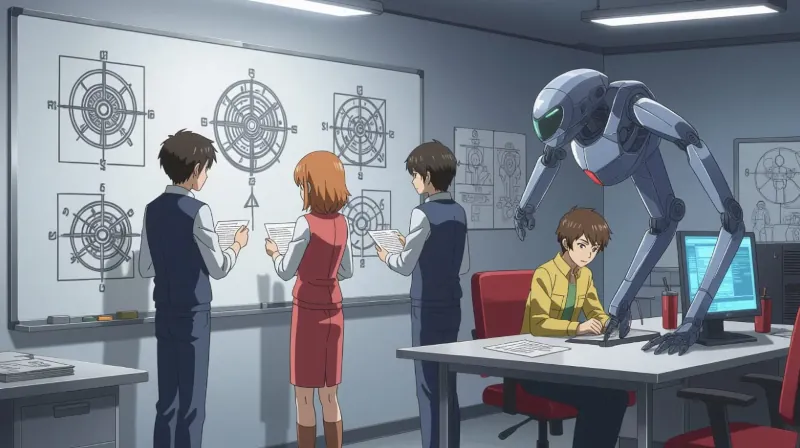 Illustration of thinking „out of box“ - brainstorming of four technicians before a whiteboard covered with Escher-type sketches of some machine or construction, and in a corner there is sitting a young clever guy, out of their attention, building a futuristic shape from metal pieces, very similar to the sketches on the whiteboard