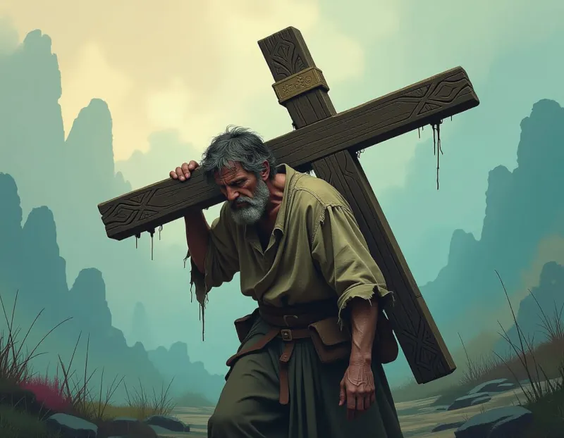 Ordinary poor man carrying heavy wooden cross on his back
