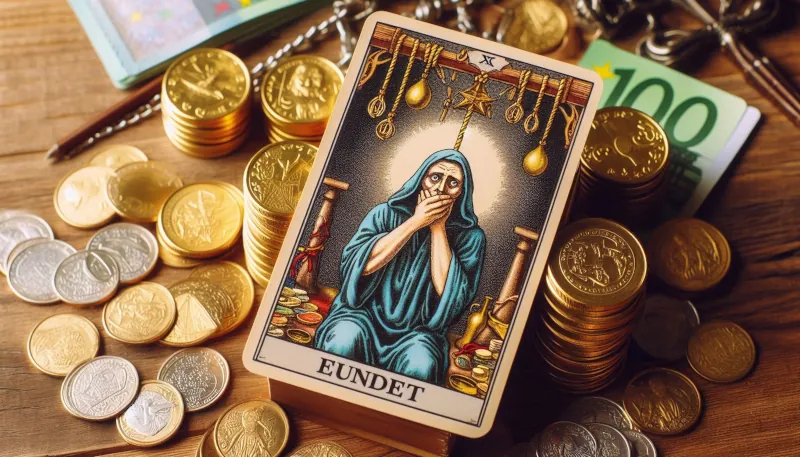 Tarot card hanged man, who shuts his mouth with one hand, there are money, gold or any other wealth in the background