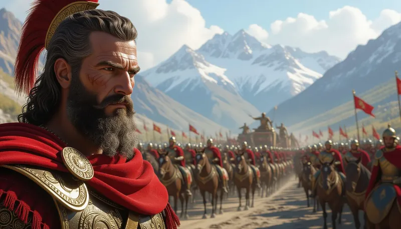 Portrét kartáginského vojvodcu Hannibala na pozadí s jeho pestrou armádou, vozmi, koňmi, somármi a slonmi, ako prekračuje Alpy. Hannibal je v tvári silný a rozhodný a v tvárach jeho vojska sa zračí sebadôvera a disciplína.