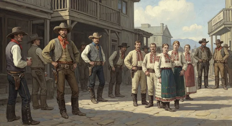 Mean western town with cowboys and druncan men, there is a small group of sheep herding Slovaks, apart from the others, dressed in traditional Slovak linen and embroidery suits, looking around being confused and not knowing what to do
