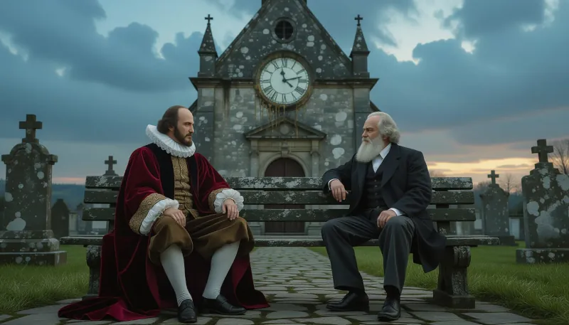 Shakespeare and Marx are sitting on a bench in the middle of an old cemetery. There is a chapel behind them, with small face of a clock on its wall, which is slightly fluid like in the famous picture by Salvador Dalí. Shakespeare and Marx are involved in friendly small talk. Shakespeare wears a robe of an English pair, Karl Marx wears a suit of German working class.