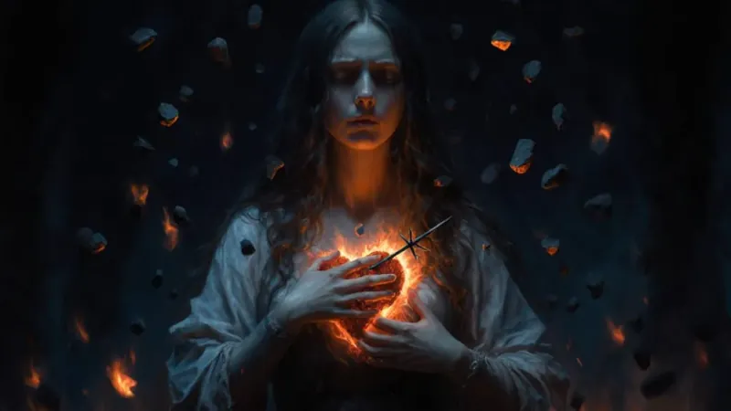 milovala som a v srdce bodlo tŕnie, múk uhlík žeravý sa na mňa sype, hrnie a žaratokom bied páli ma v noci, dne.