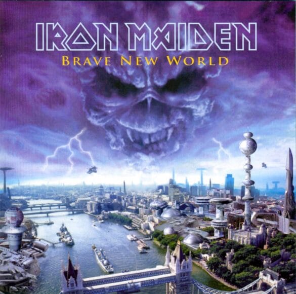 Iron Maiden Brave New World album cover s futuristickým mestom a lebkou