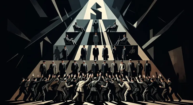 Hierarchická pyramída obchodných mužov v oblekoch v tme