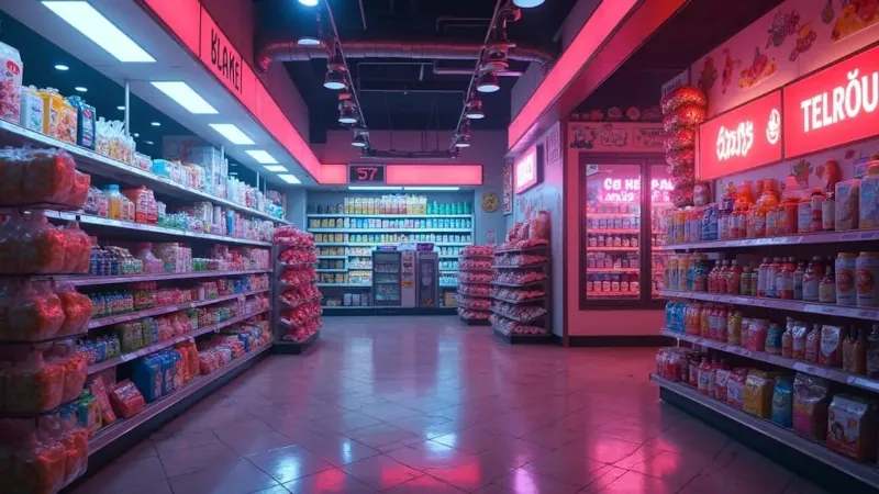 Moderný supermarket s plnými regálmi a ružovo-modrým neónovým osvetlením.