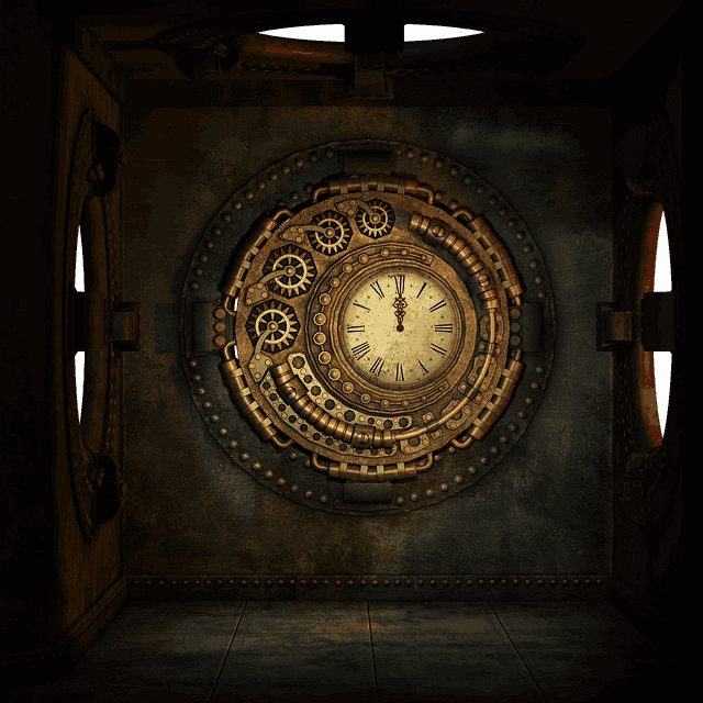 Starožitné steampunkové hodiny a ozubené kolesá v kovovom boxe.