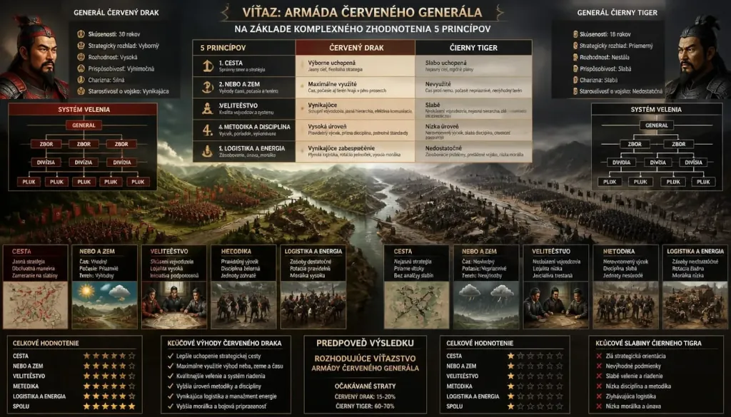 Strategické porovnanie generálov Červeného Draka a Čierneho Tigra s armádami.