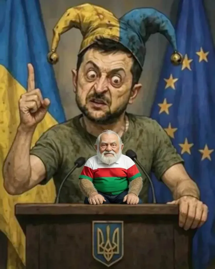 Karikatúra Zelenského v šašovskej čiapke, malý muž na pódiu.