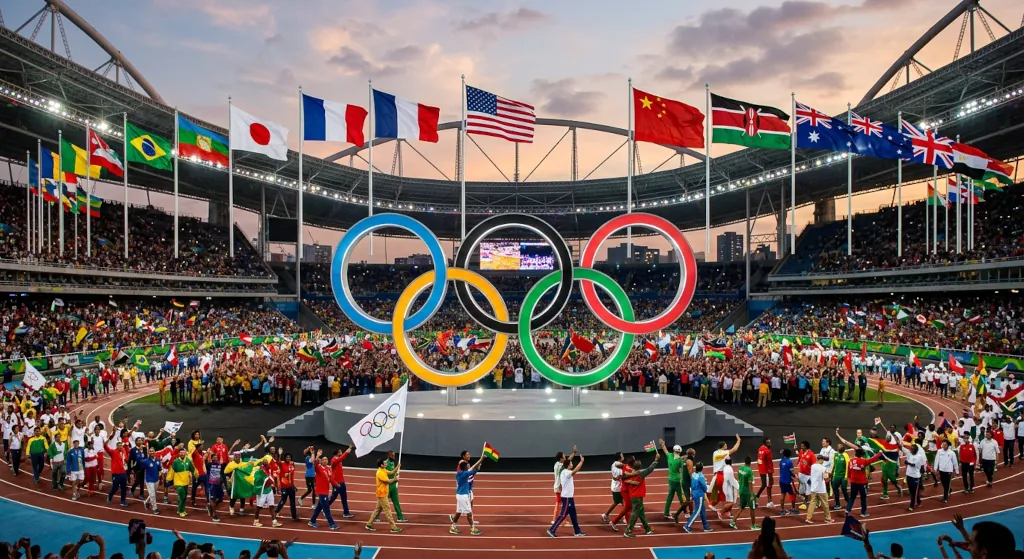 Olympijské kruhy, štátne vlajky a športovci na štadióne.
