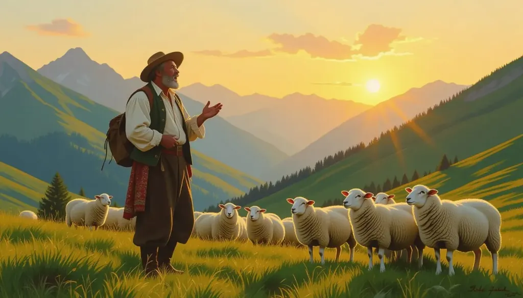 Pastier s ovcami v horách pri západe slnka.